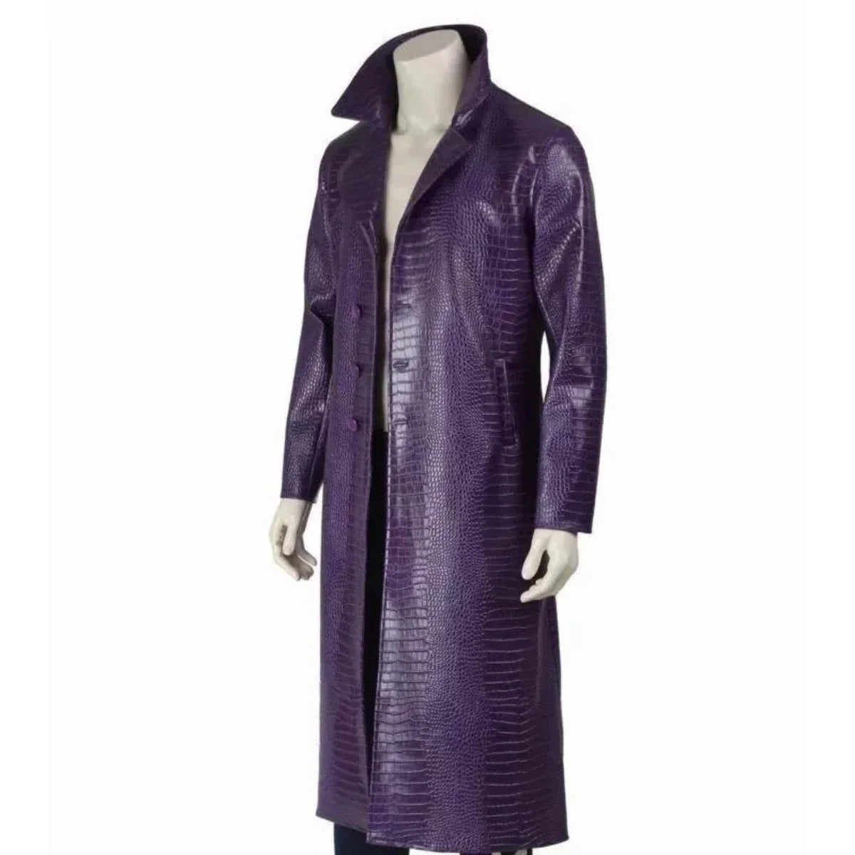 Men's Purple Crocodile Texture Long Leather Trench Coat – Gothic Fashion Overcoat