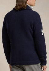 Men's Navy Button-Up Knit Shawl Collar Cardigan