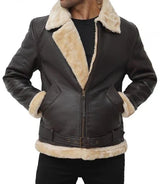 Men's Real Leather Dark Brown Bomber Fur Aviator Jacket
