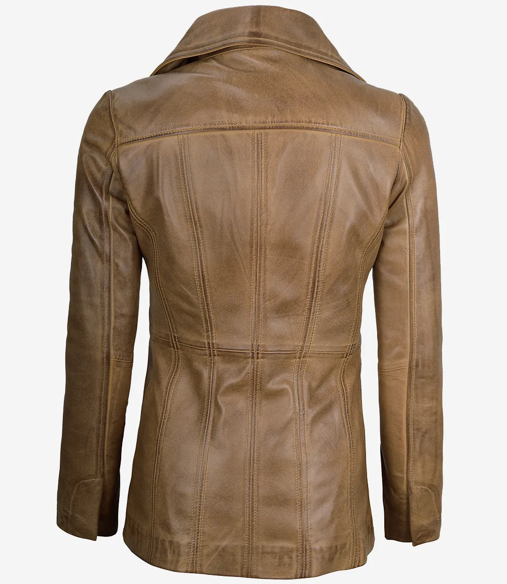 Women's Three Button Camel Brown Leather Blazer