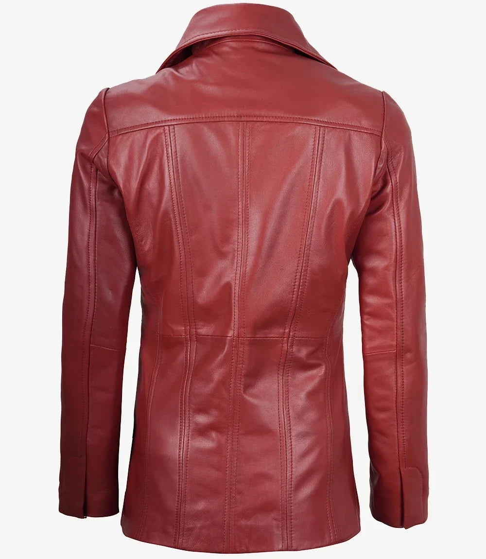 Womens Three Button Red Leather Blazer