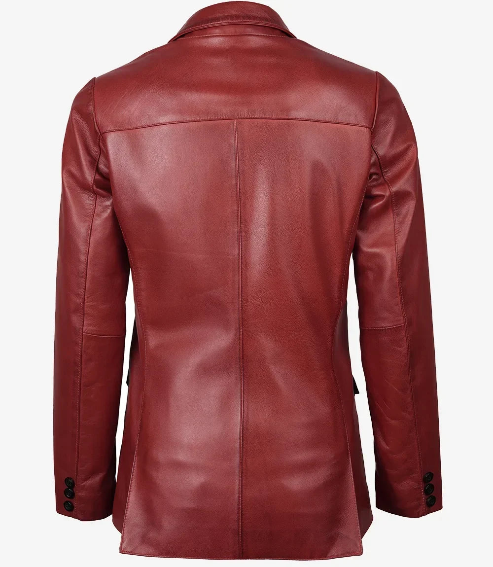 Womens Two Button Red Waxed Leather Blazer