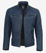 Men's Washed Blue Distressed Lambskin Biker Jacket