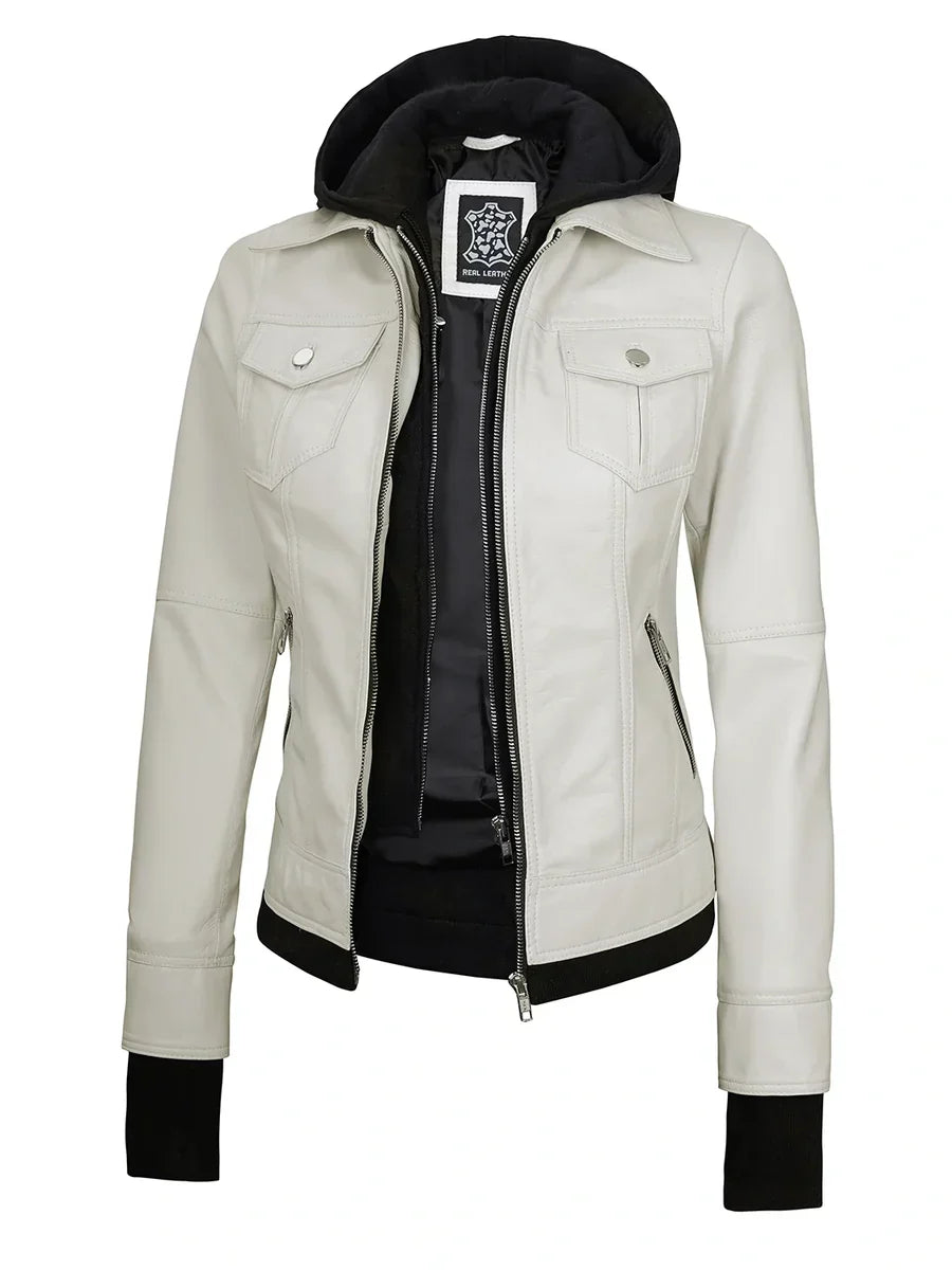 Womens Off White Biker Style Leather Jacket with Hood