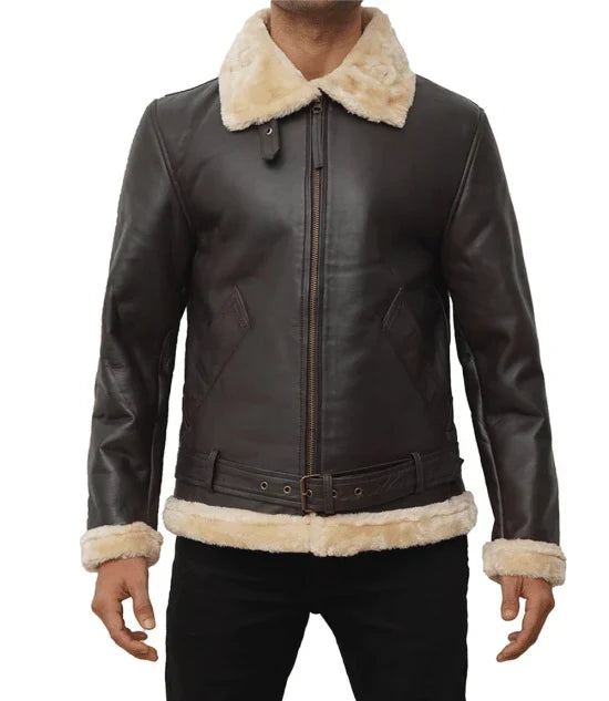 Men's Real Leather Dark Brown Bomber Fur Aviator Jacket