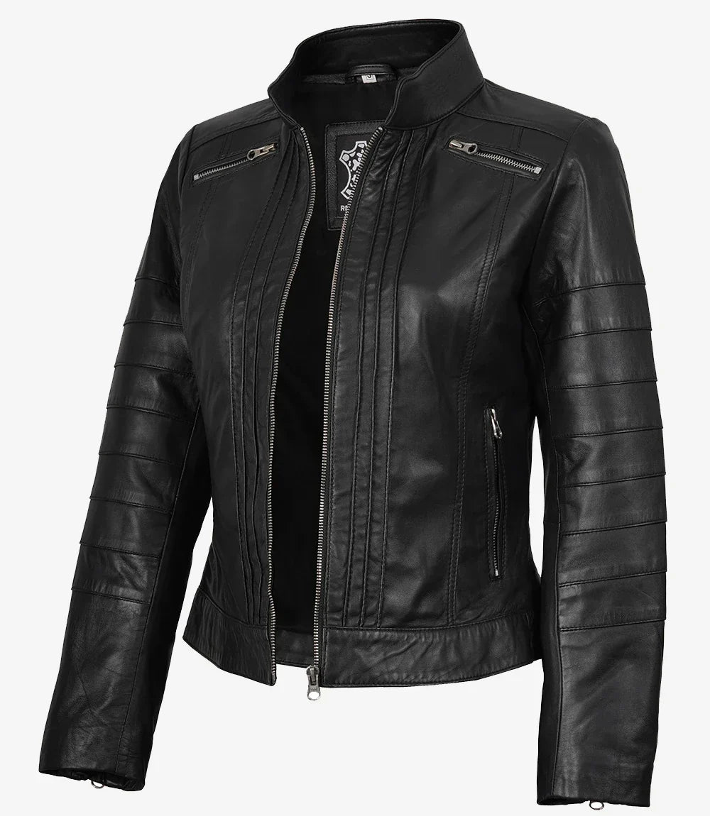 Bergamo Womens Black Biker Style Leather Jacket