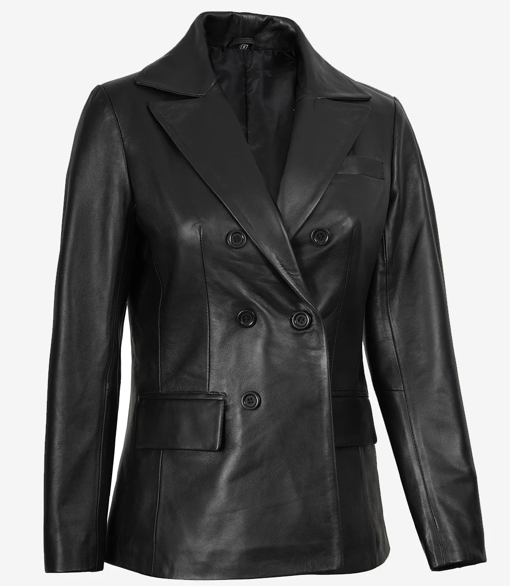 Notch Lapel Collar Double Breasted Black Leather Coat Women