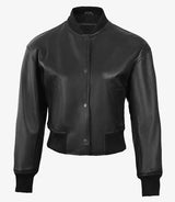 Julee Womens Black Snap Button Cropped Leather Bomber Jacket