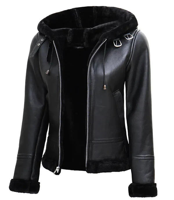 Womens Black Leather Hooded Shearling Jacket