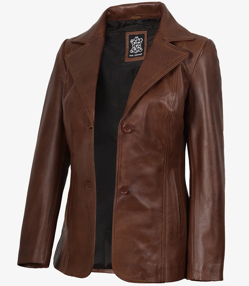 Women's Notch Lapel Two Button Cognac Leather Blazer