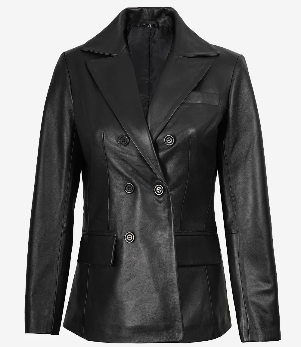 Notch Lapel Collar Double Breasted Black Leather Coat Women