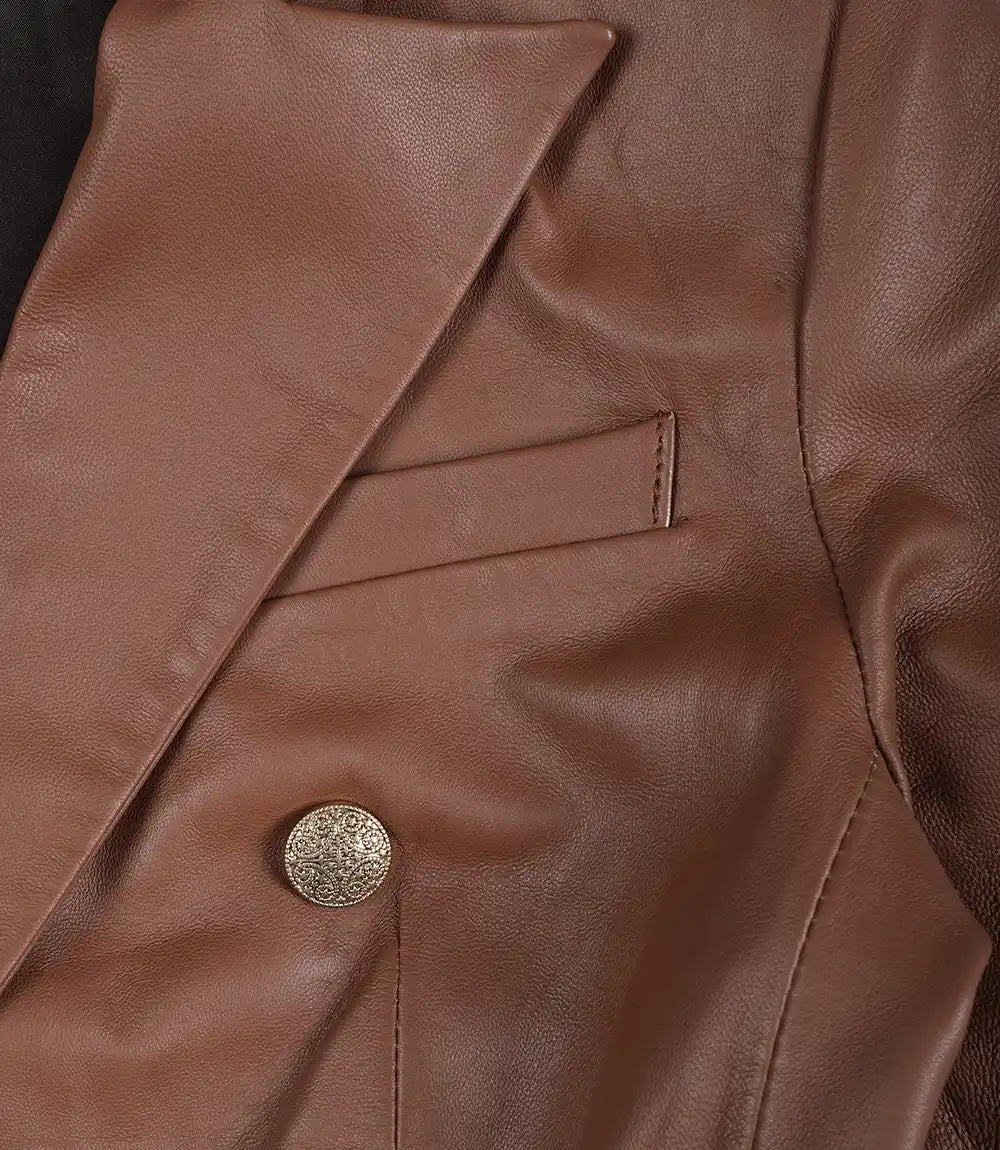 Womens Kim Double Breasted Cognac Leather Blazer
