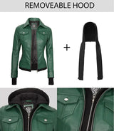 Tralee Women's Green Real Leather Jacket with Hood