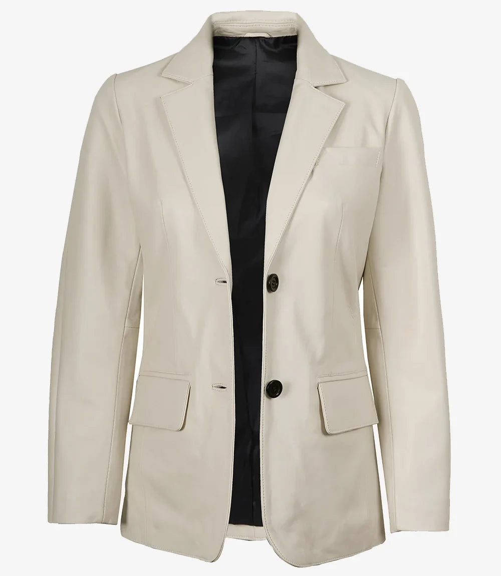 Womens Two Button Off White Leather Blazer