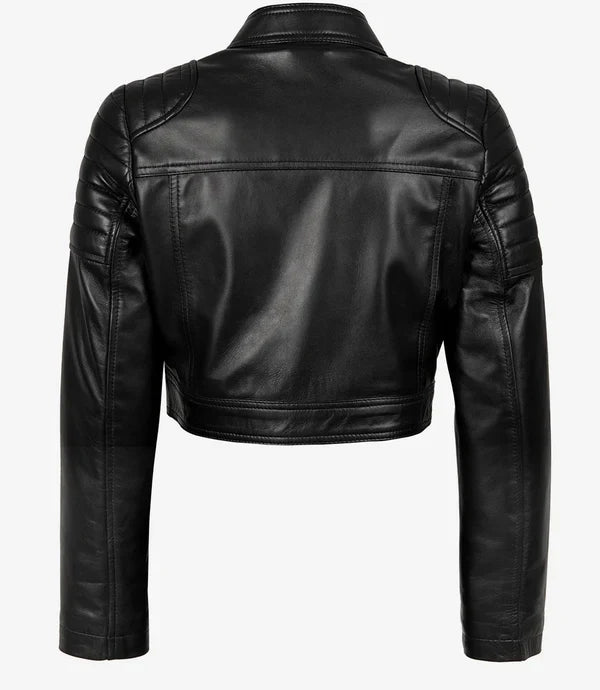 Women's Black Cropped Leather Biker Style Jacket