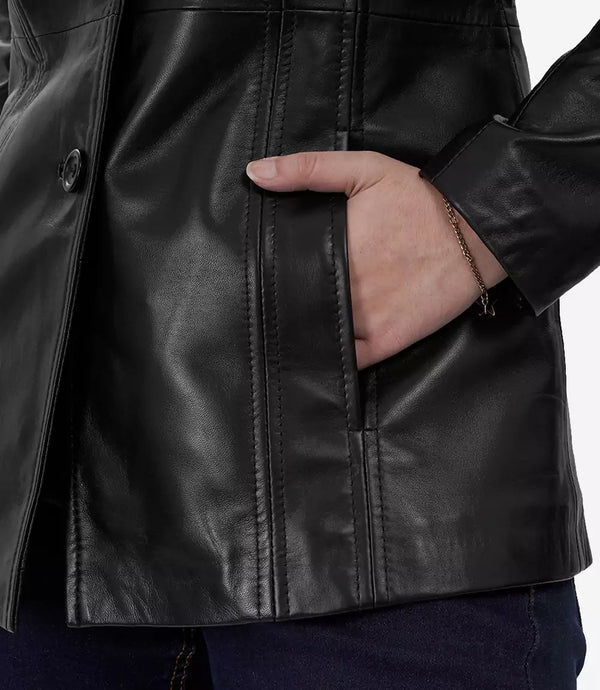 Womens Black Leather Blazer with Three Button