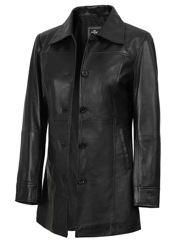 Kandis Womens Black 3/4 Length Leather Car Coat