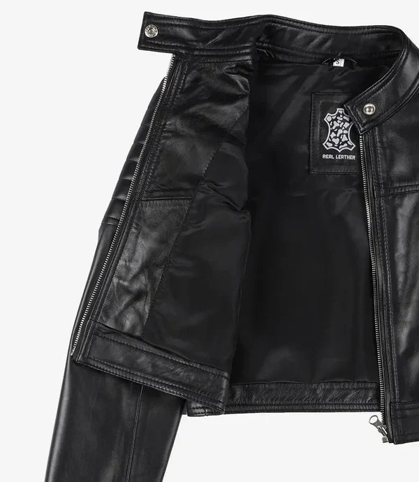 Women's Black Cropped Leather Biker Style Jacket