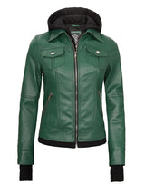 Tralee Women's Green Real Leather Jacket with Hood