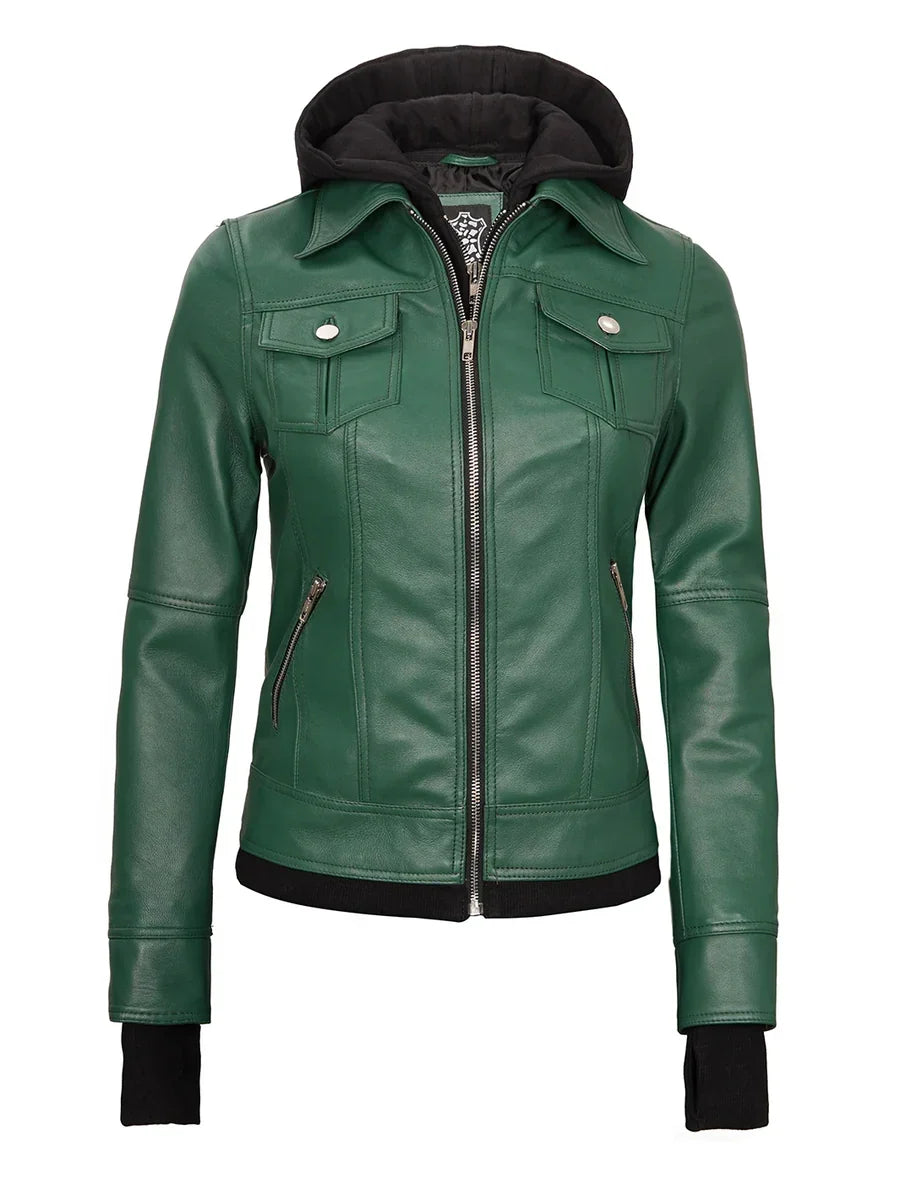 Tralee Women's Green Real Leather Jacket with Hood