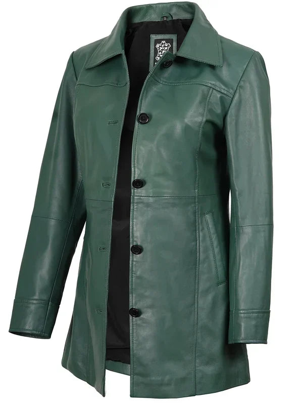 Kandis Women's Green Real Leather Car Coat