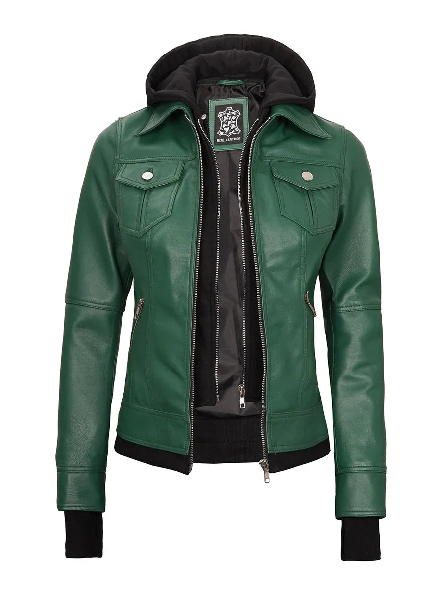 Tralee Women's Green Real Leather Jacket with Hood