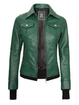 Tralee Women's Green Real Leather Jacket with Hood
