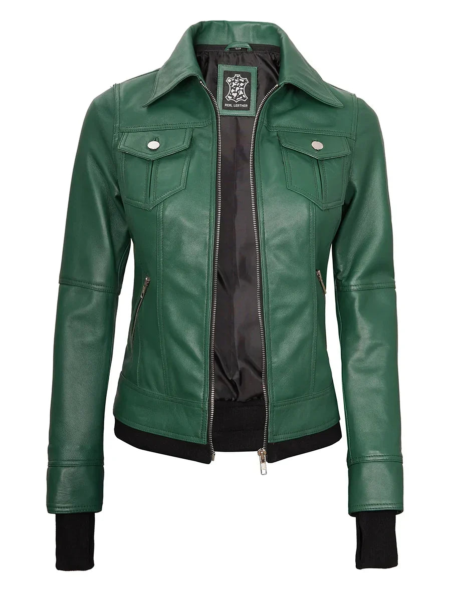 Tralee Women's Green Real Leather Jacket with Hood