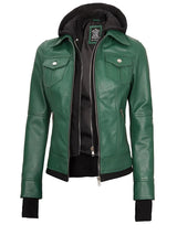 Tralee Women's Green Real Leather Jacket with Hood