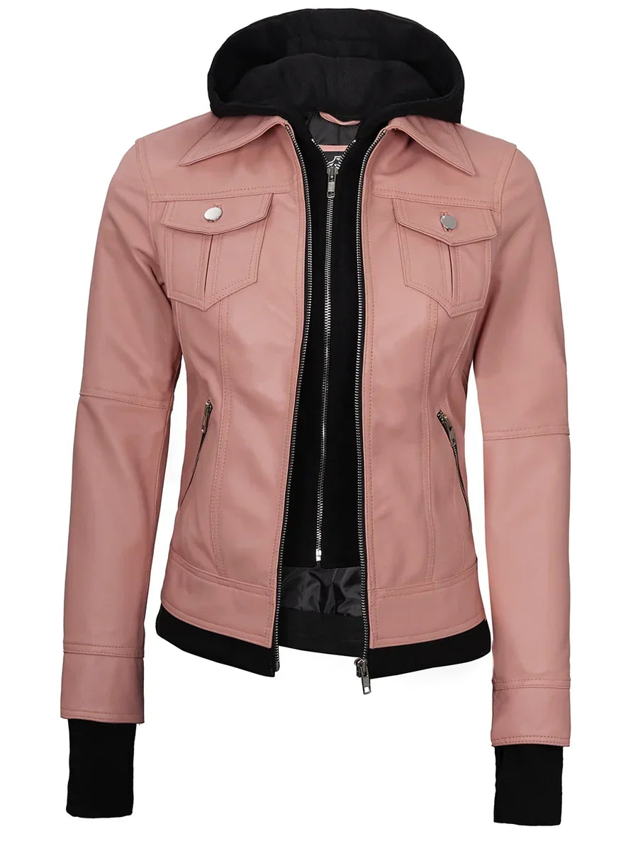 Tralee Women's Pink Leather Biker Style Jacket with Hood