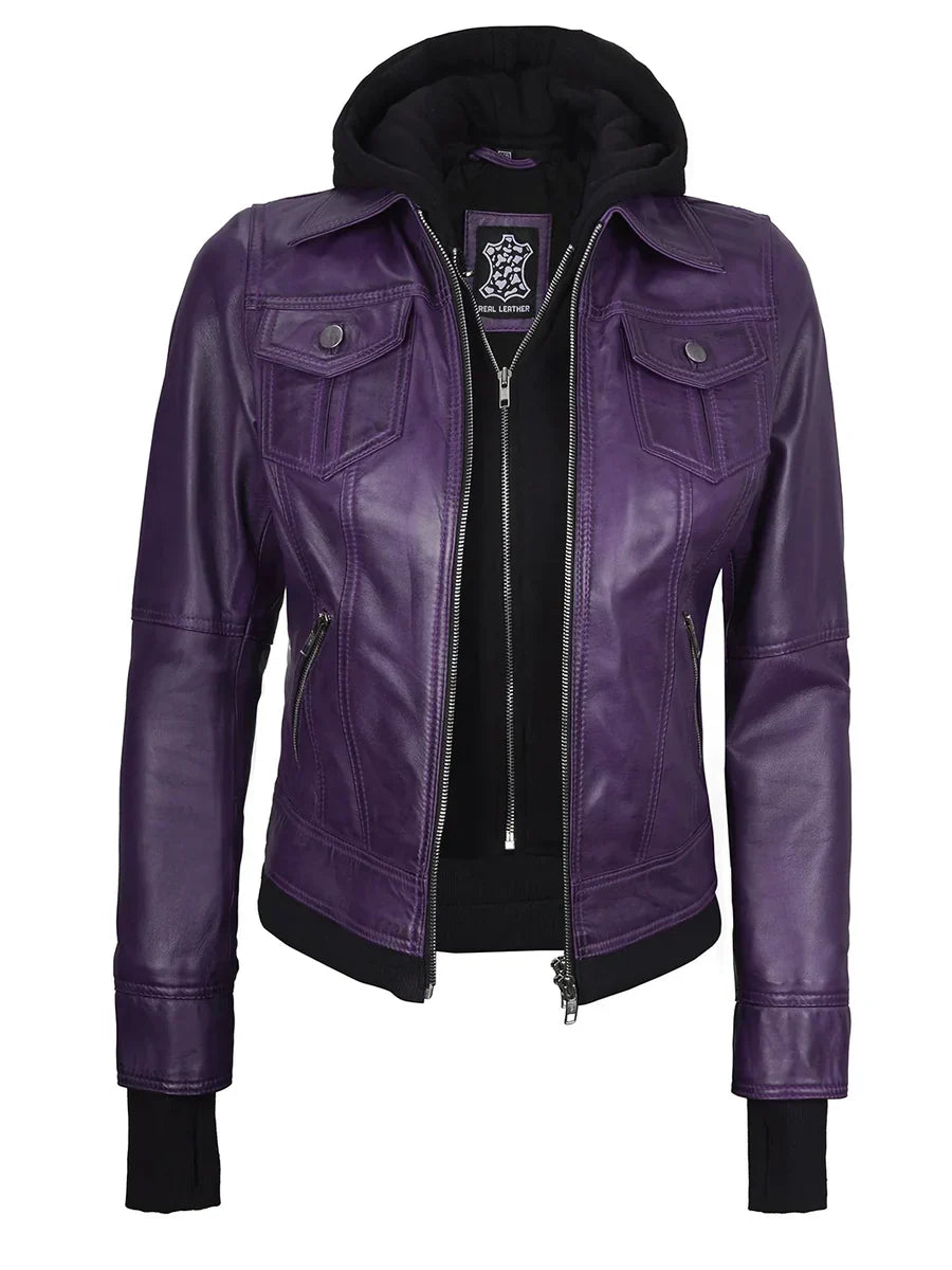 Women's Purple Leather Jacket with Removable Hood