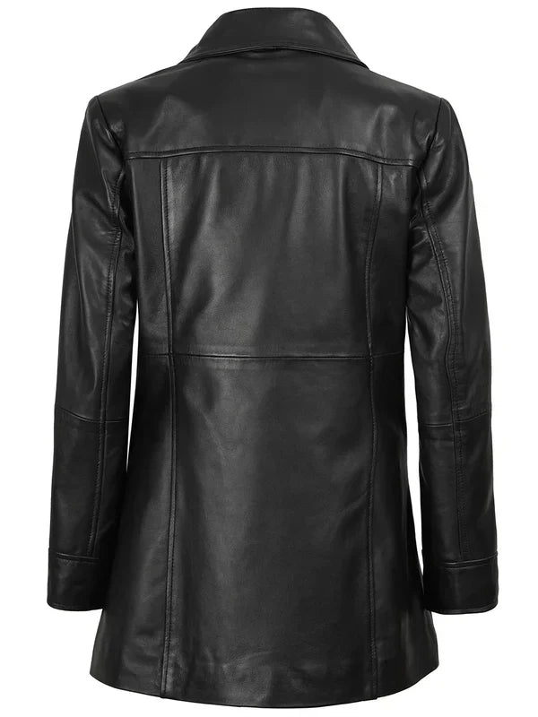 Kandis Womens Black 3/4 Length Leather Car Coat