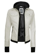 Womens Off White Biker Style Leather Jacket with Hood