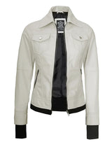 Womens Off White Biker Style Leather Jacket with Hood