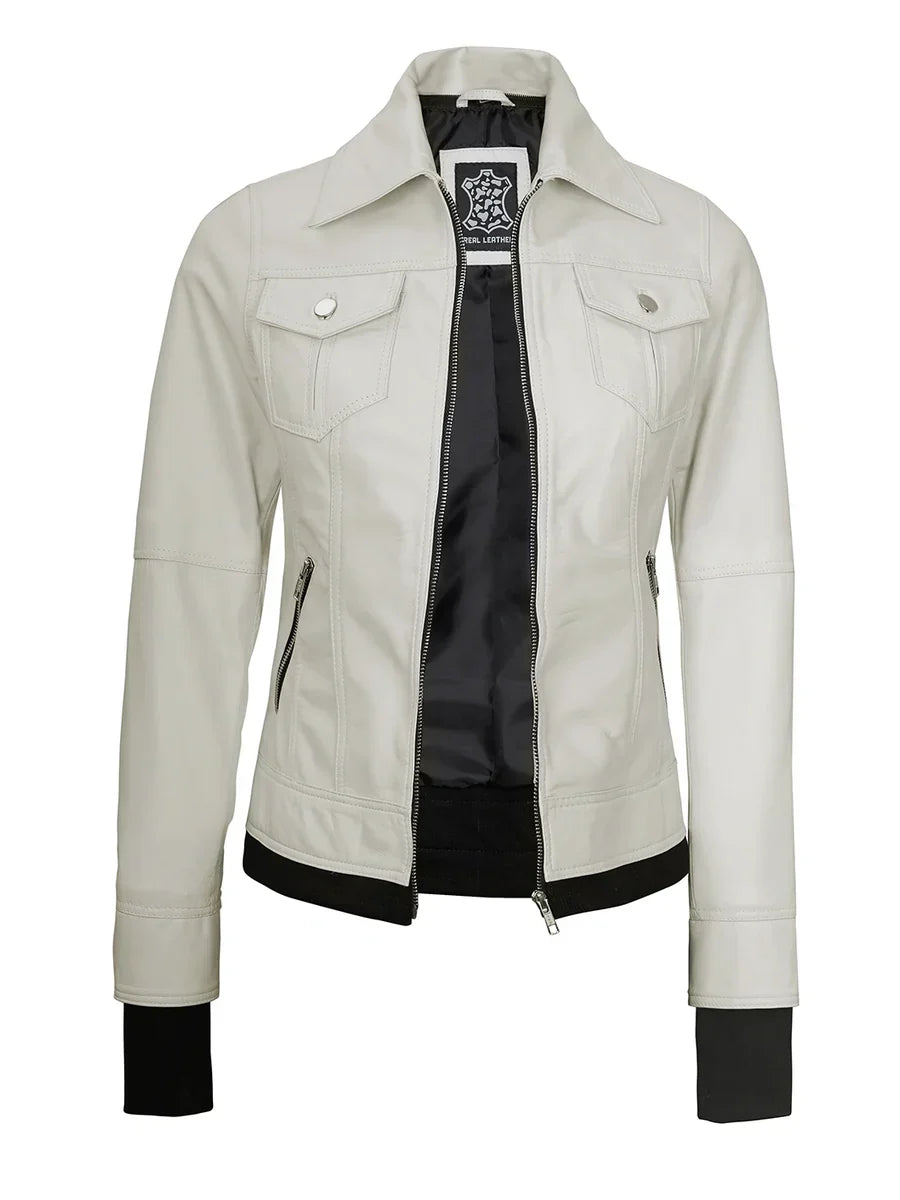Womens Off White Biker Style Leather Jacket with Hood