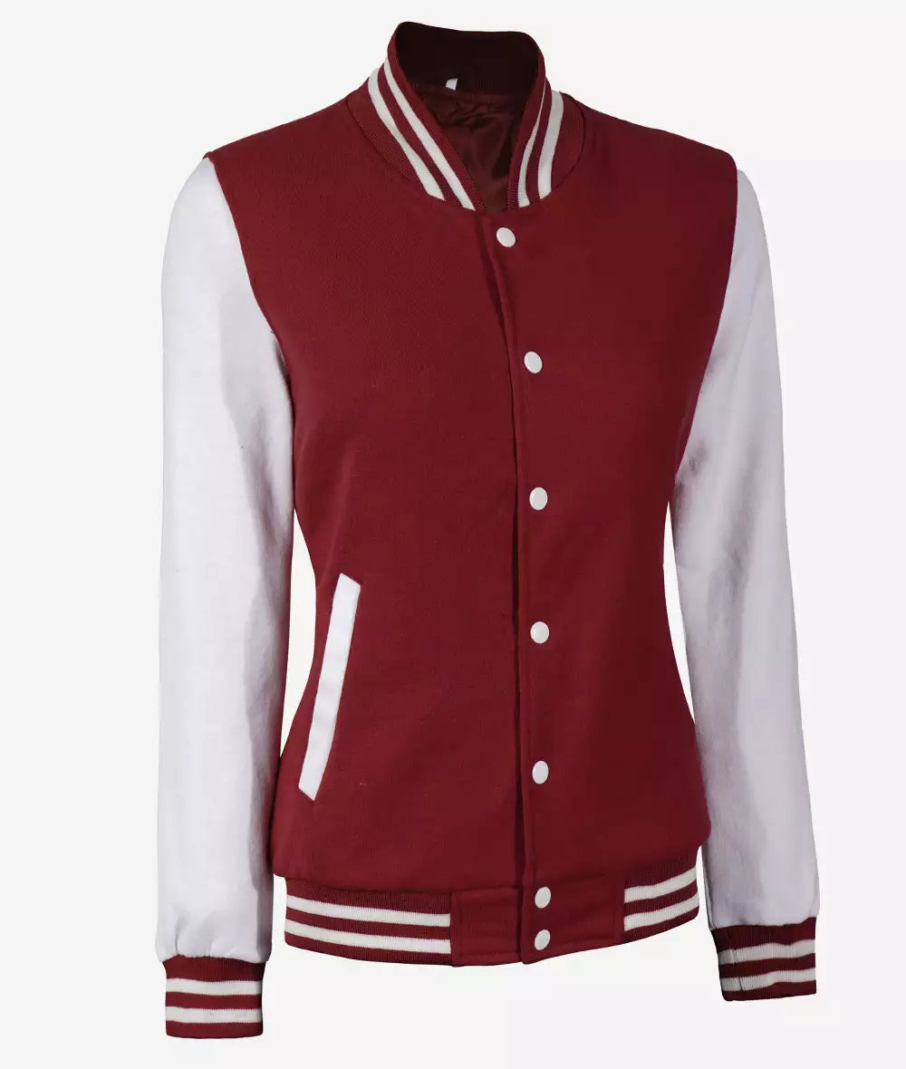 Womens Maroon Varsity Jacket with White Sleeves - Baseball Style Jacket