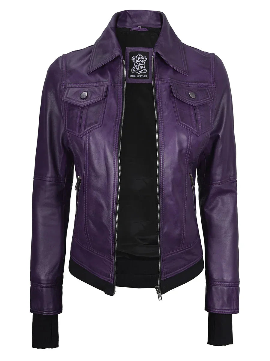 Women's Purple Leather Jacket with Removable Hood