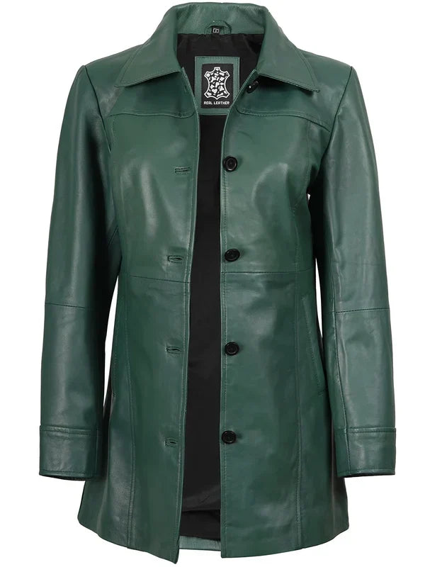 Kandis Women's Green Real Leather Car Coat