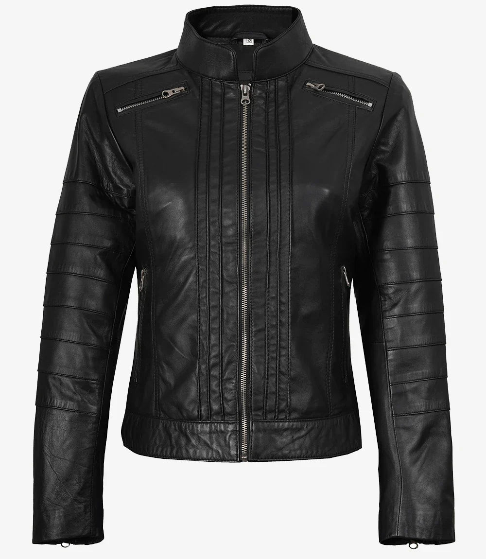 Bergamo Womens Black Biker Style Leather Jacket