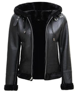 Womens Black Leather Hooded Shearling Jacket