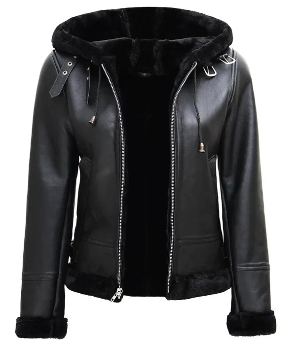 Womens Black Leather Hooded Shearling Jacket