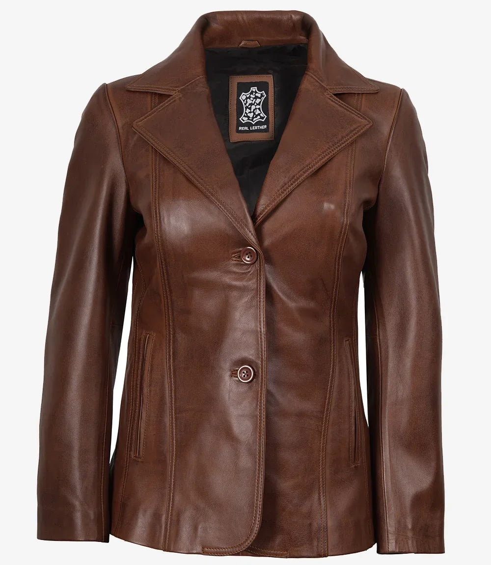 Women's Notch Lapel Two Button Cognac Leather Blazer