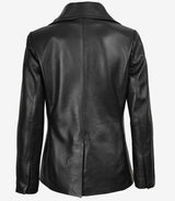 Notch Lapel Collar Double Breasted Black Leather Coat Women