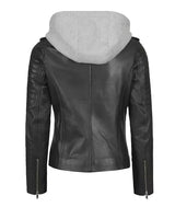 Womens Black Leather Biker Style Jacket With Removable Hood