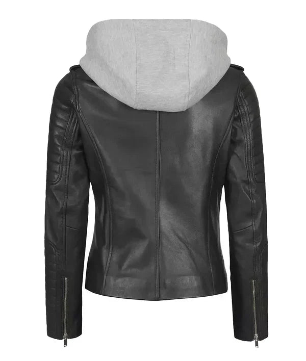 Womens Black Leather Biker Style Jacket With Removable Hood