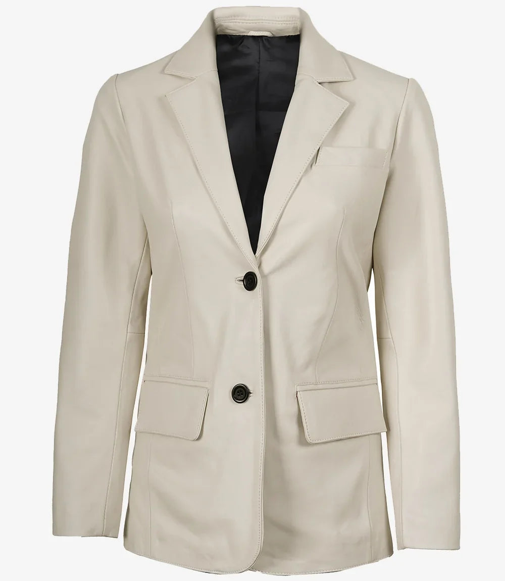 Womens Two Button Off White Leather Blazer