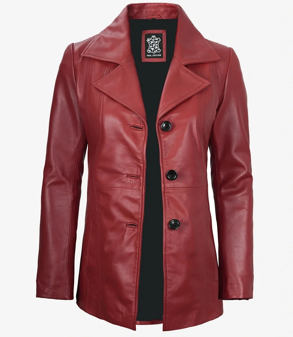 Womens Three Button Red Leather Blazer