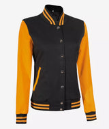 Women’s Black and Yellow Letterman Jacket – Baseball Style Varsity Bomber